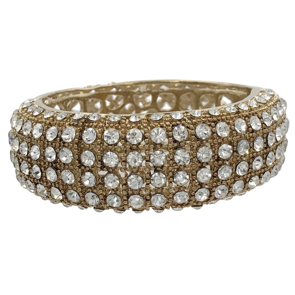 Wide Rhinestone Antiqued Gold Statement Clamp Hinged Bracelet